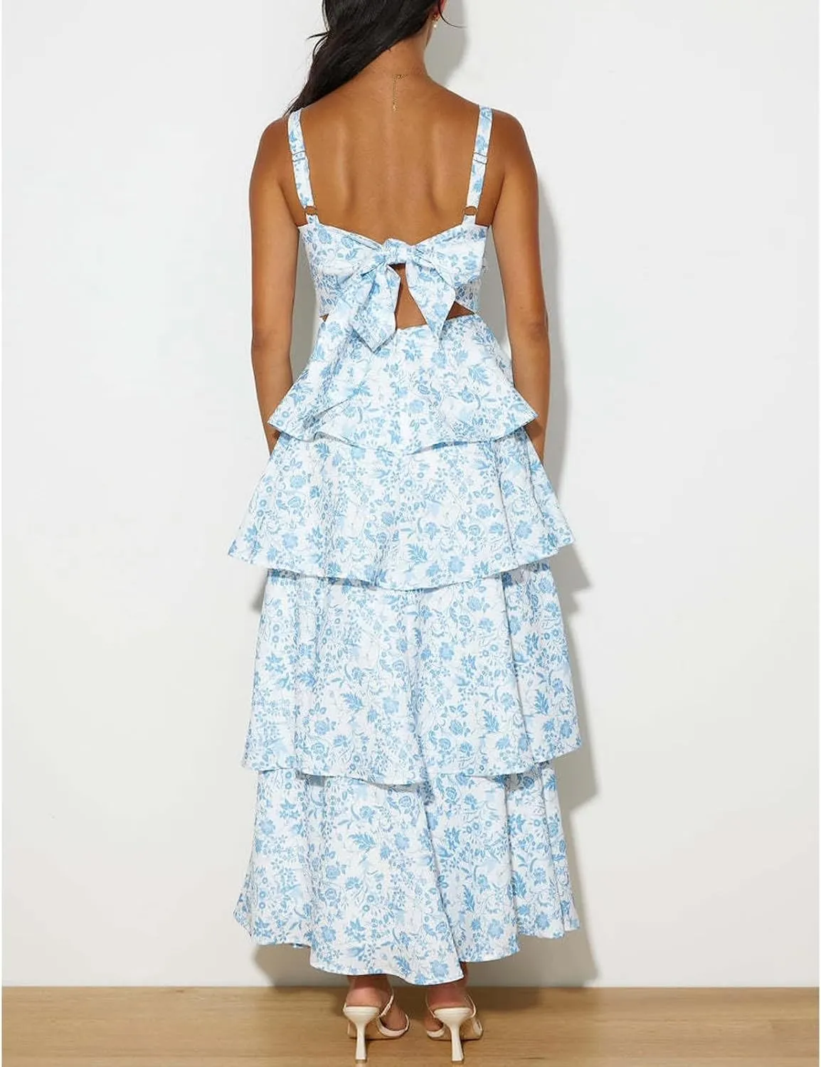 Tiered Ruffle Dress Women Casual Summer Spaghetti Strap Sleeveless Floral Layered Maxi Dress for Women Beach Sundress