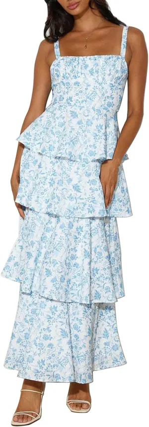 Tiered Ruffle Dress Women Casual Summer Spaghetti Strap Sleeveless Floral Layered Maxi Dress for Women Beach Sundress