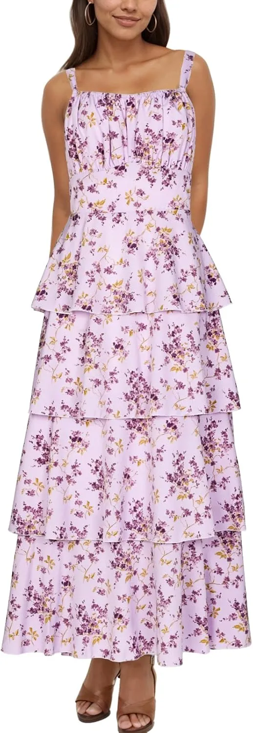 Tiered Ruffle Dress Women Casual Summer Spaghetti Strap Sleeveless Floral Layered Maxi Dress for Women Beach Sundress