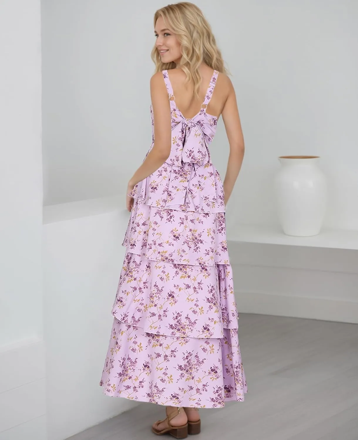 Tiered Ruffle Dress Women Casual Summer Spaghetti Strap Sleeveless Floral Layered Maxi Dress for Women Beach Sundress