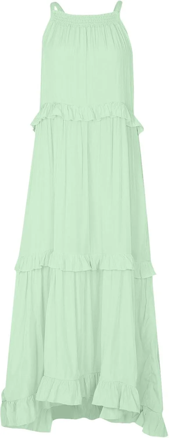 TWGONE Women Summer Casual Sleeveless Pleated Tank Vest Dresses Smocked Ruffle Flowy Party Wedding Guest Sundress