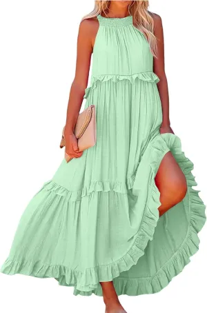 TWGONE Women Summer Casual Sleeveless Pleated Tank Vest Dresses Smocked Ruffle Flowy Party Wedding Guest Sundress