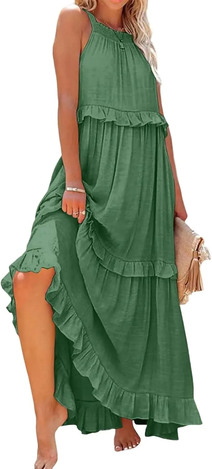 TWGONE Women Summer Casual Sleeveless Pleated Tank Vest Dresses Smocked Ruffle Flowy Party Wedding Guest Sundress
