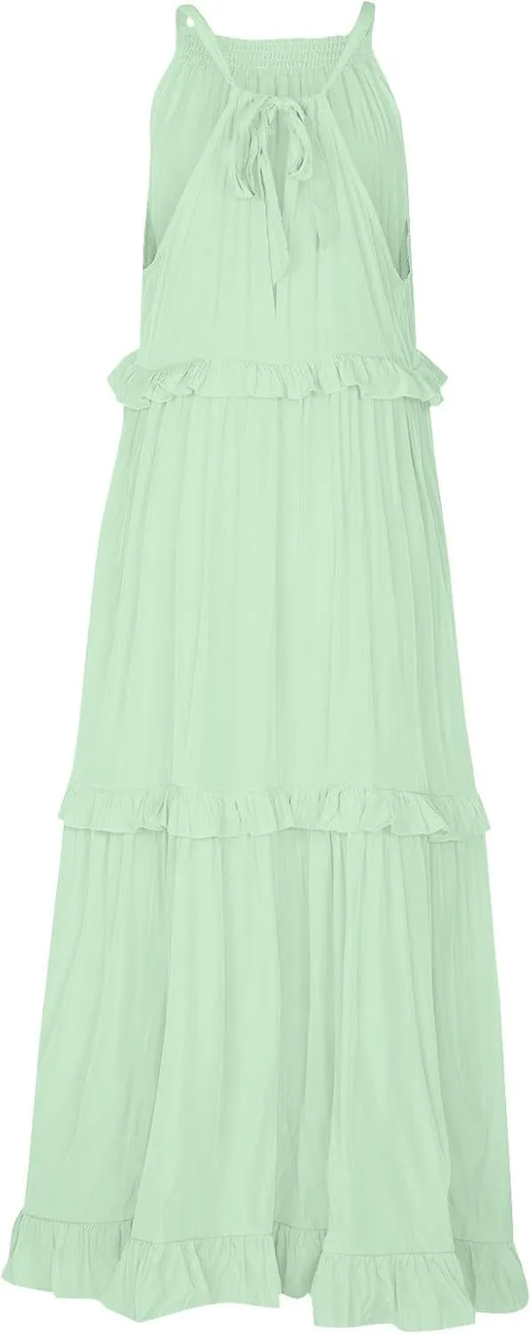 TWGONE Women Summer Casual Sleeveless Pleated Tank Vest Dresses Smocked Ruffle Flowy Party Wedding Guest Sundress