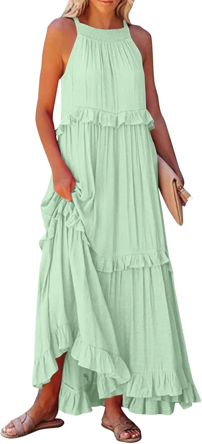 TWGONE Women Summer Casual Sleeveless Pleated Tank Vest Dresses Smocked Ruffle Flowy Party Wedding Guest Sundress