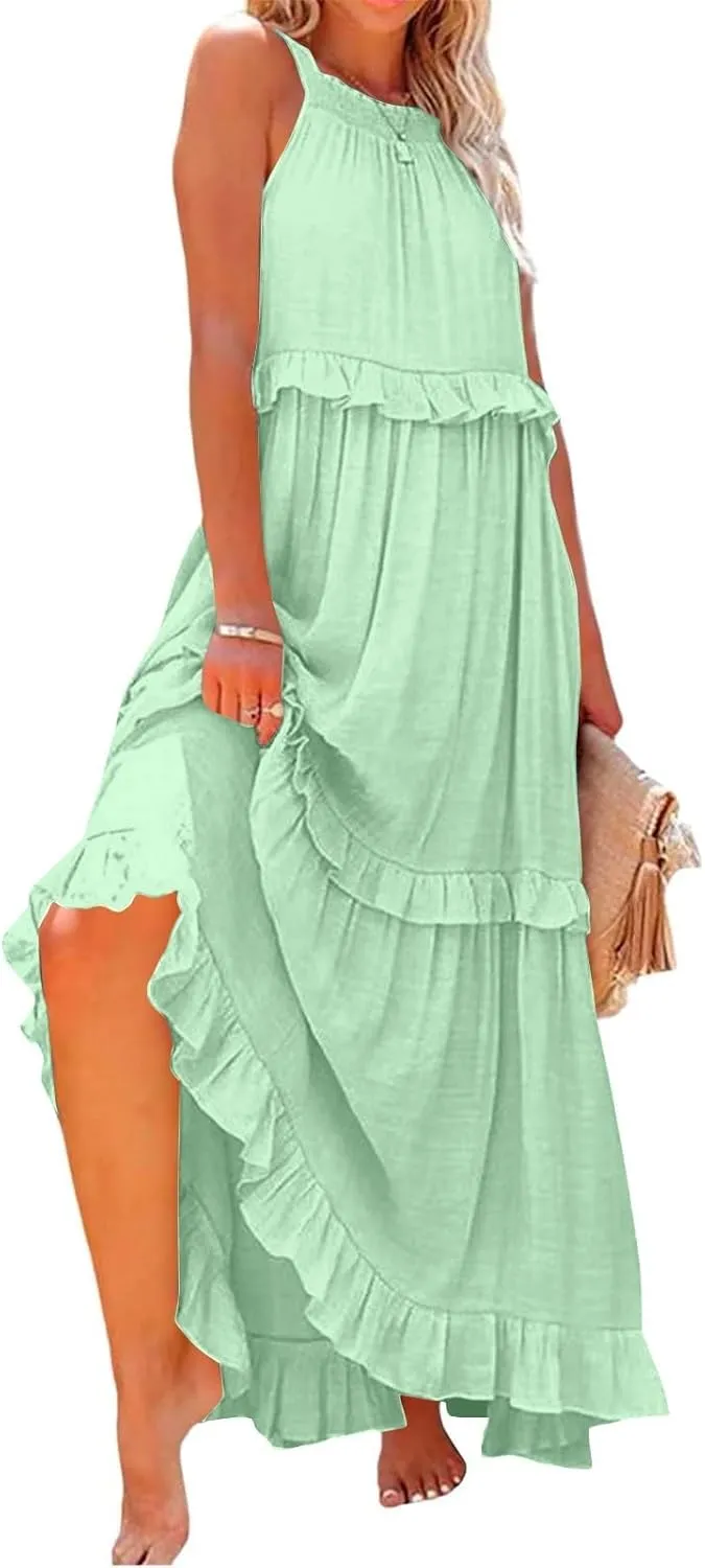 TWGONE Women Summer Casual Sleeveless Pleated Tank Vest Dresses Smocked Ruffle Flowy Party Wedding Guest Sundress