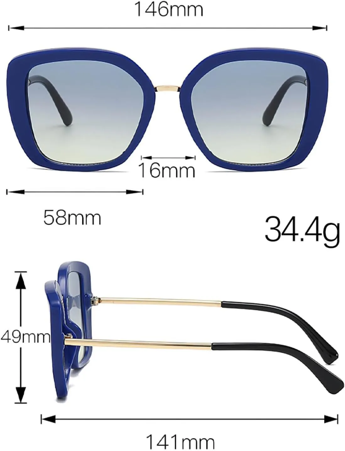 Vintage Sunglasses for Women Deep Blue Large Frame Gradient Blue Lens Glasses Metal