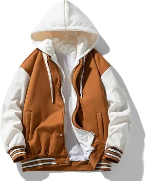 WENKOMG1 Hooded Varsity Jacket for Men,Quilted Long Sleeve College Jacket Casual Winter Fall Hooded Letterman Outerwear