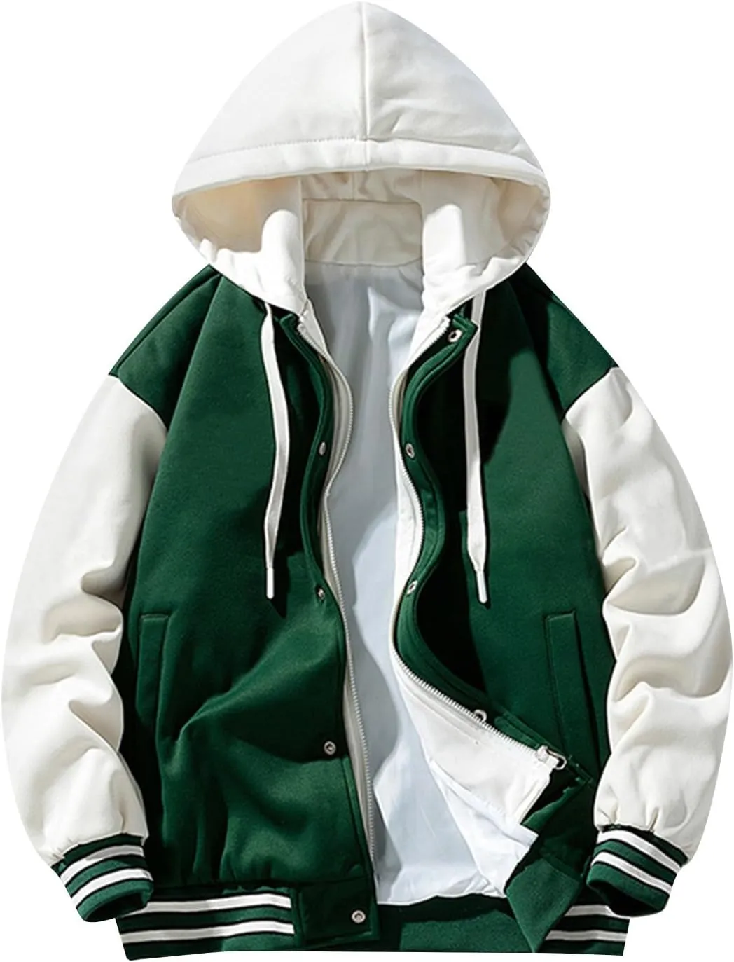 WENKOMG1 Hooded Varsity Jacket for Men,Quilted Long Sleeve College Jacket Casual Winter Fall Hooded Letterman Outerwear