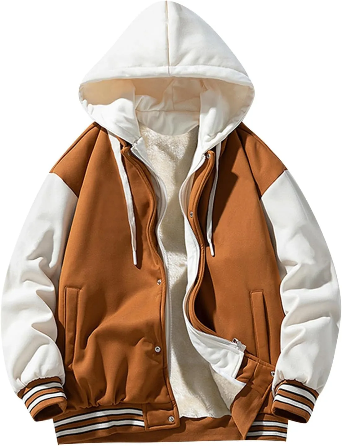 WENKOMG1 Hooded Varsity Jacket for Men,Quilted Long Sleeve College Jacket Casual Winter Fall Hooded Letterman Outerwear