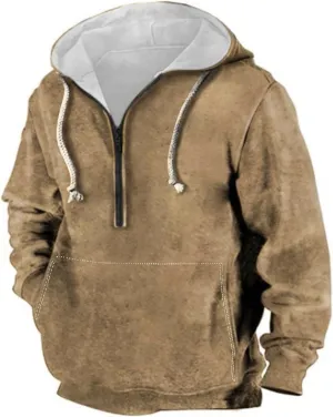 WENKOMG1 Mens Retro Hoodies,Spring Fall Long Sleeve Graphic Sweatshirt Casual Distressed Quarter Zipper Hooded Pullover