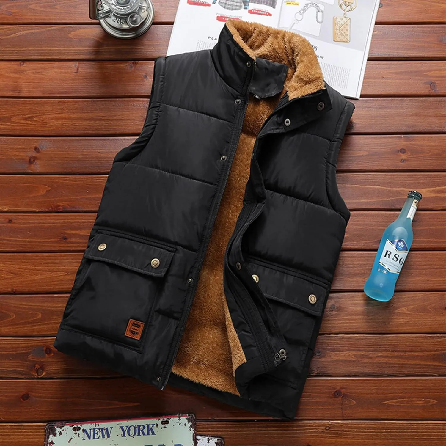 WENKOMG1 Winter Sherpa Lined Vest For Man,Solid Fleece Lined Packable Sleeveless Outerwear Zip Up Ski Vest Big And Tall