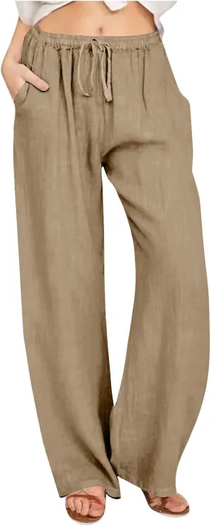 Wide Leg Linen Pants for Women Summer Boho Drawstring High Waist Casual Lounge Pant 2025 Beach Travel Vacation Outfits