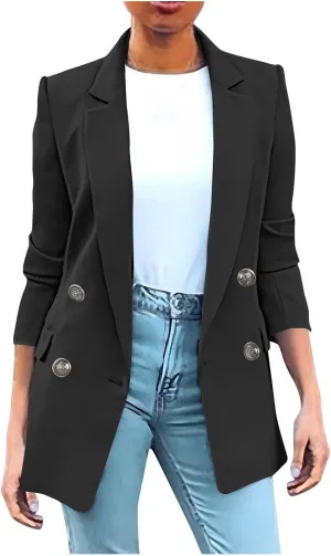 Wkishenl Blazers for Women Casual Long Sleeve Lapel Blazer Jackets Solid Button Open Front Jacket Plus Size Business Coats