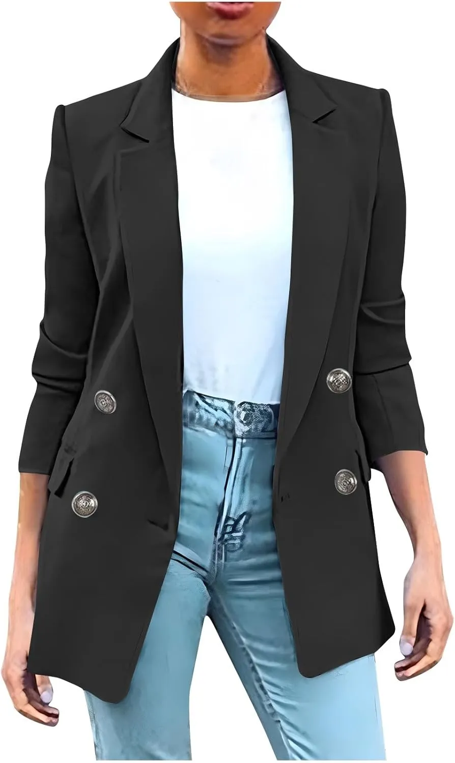 Wkishenl Blazers for Women Casual Long Sleeve Lapel Blazer Jackets Solid Button Open Front Jacket Plus Size Business Coats