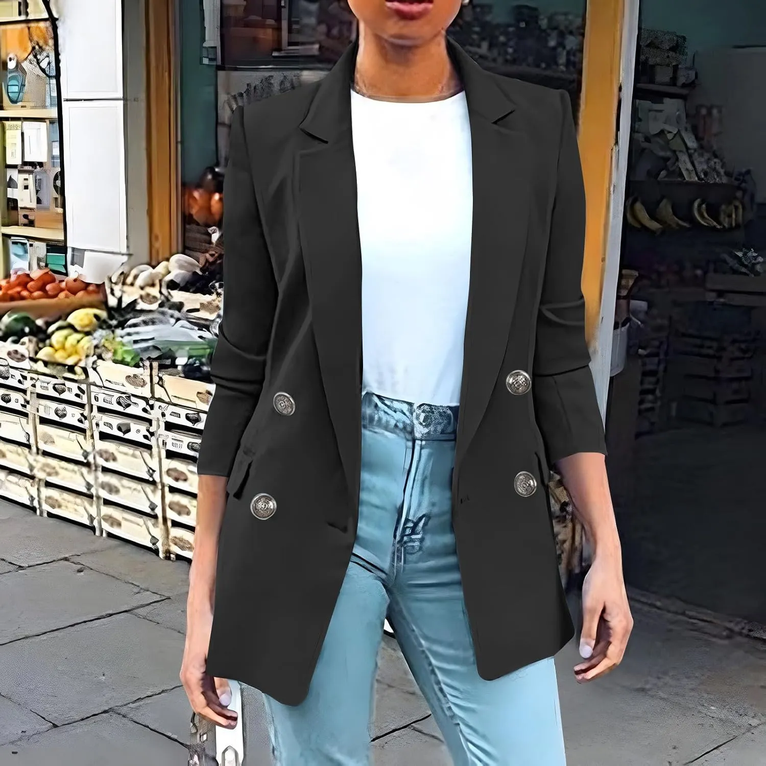 Wkishenl Blazers for Women Casual Long Sleeve Lapel Blazer Jackets Solid Button Open Front Jacket Plus Size Business Coats