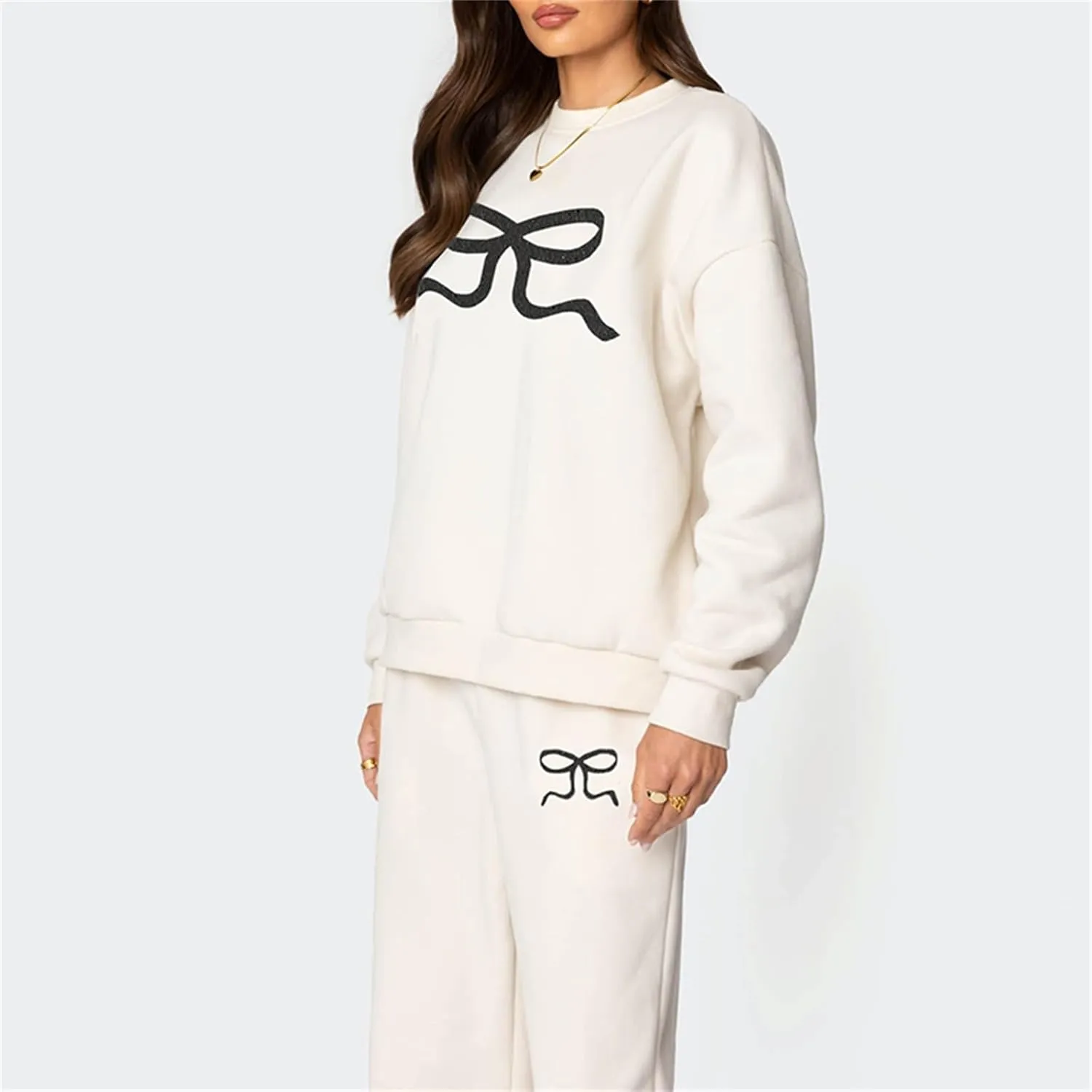 Women 2 Piece Outfits Bow Print Long Sleeve Oversized Sweatshirt Hoodies Baggy Wide Leg Sweatpants Fall Sweatsuits