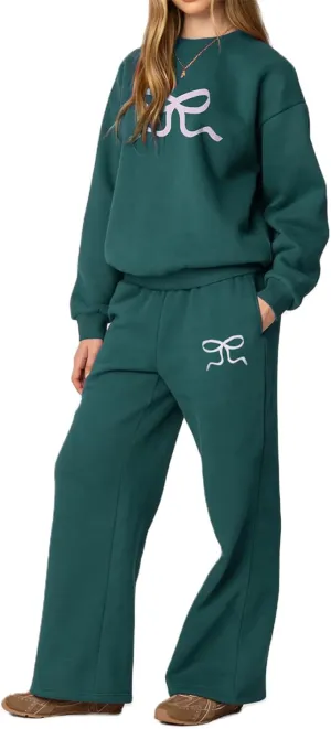 Women 2 Piece Outfits Bow Print Long Sleeve Oversized Sweatshirt Hoodies Baggy Wide Leg Sweatpants Fall Sweatsuits