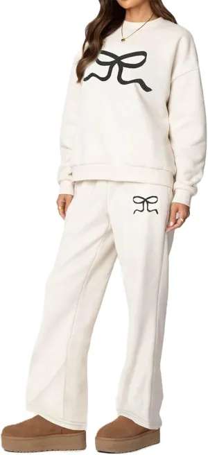 Women 2 Piece Outfits Bow Print Long Sleeve Oversized Sweatshirt Hoodies Baggy Wide Leg Sweatpants Fall Sweatsuits
