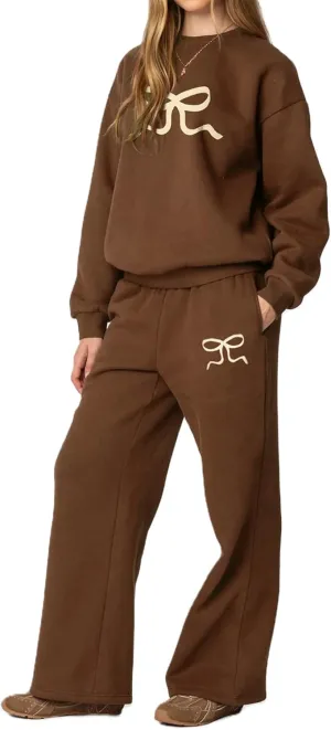 Women 2 Piece Outfits Bow Print Long Sleeve Oversized Sweatshirt Hoodies Baggy Wide Leg Sweatpants Fall Sweatsuits