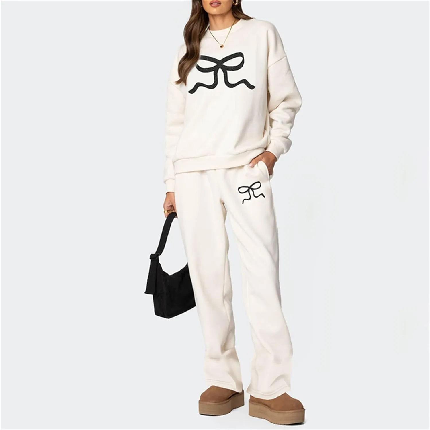 Women 2 Piece Outfits Bow Print Long Sleeve Oversized Sweatshirt Hoodies Baggy Wide Leg Sweatpants Fall Sweatsuits