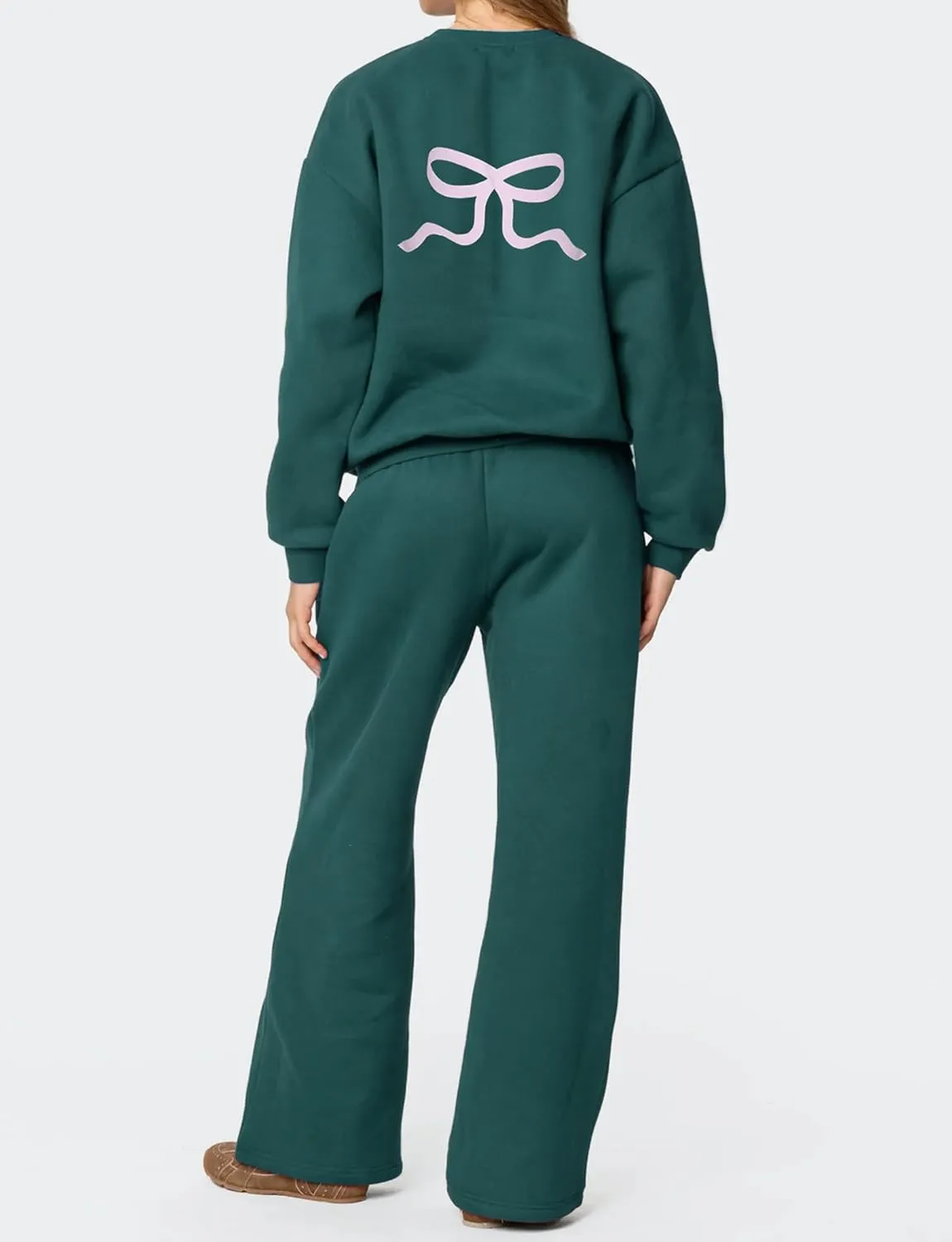 Women 2 Piece Outfits Bow Print Long Sleeve Oversized Sweatshirt Hoodies Baggy Wide Leg Sweatpants Fall Sweatsuits