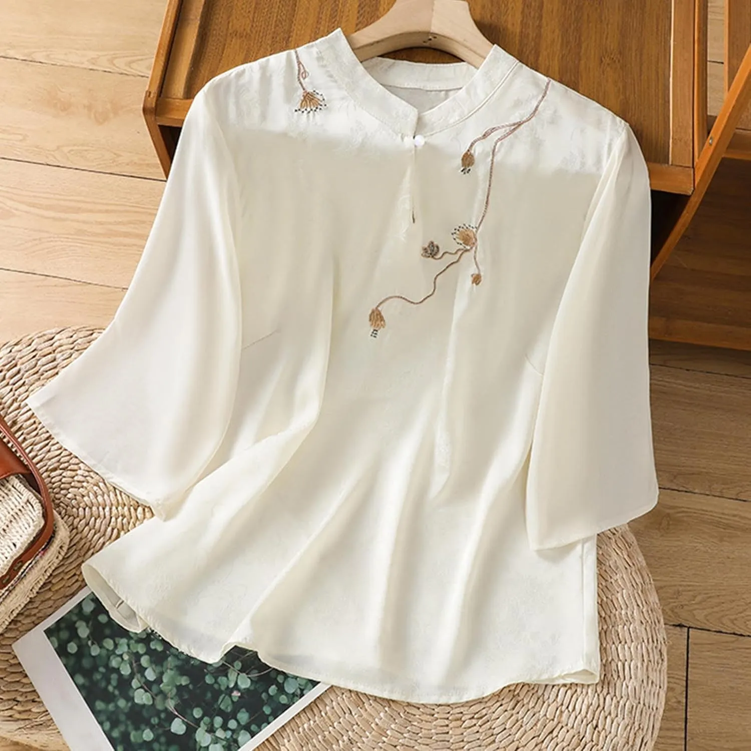 Women 3/4 Sleeve Chinese Blouse Mandarin Collar Suit Shirt Traditional Elegant Floral Embroidery Female Hanfu Tops