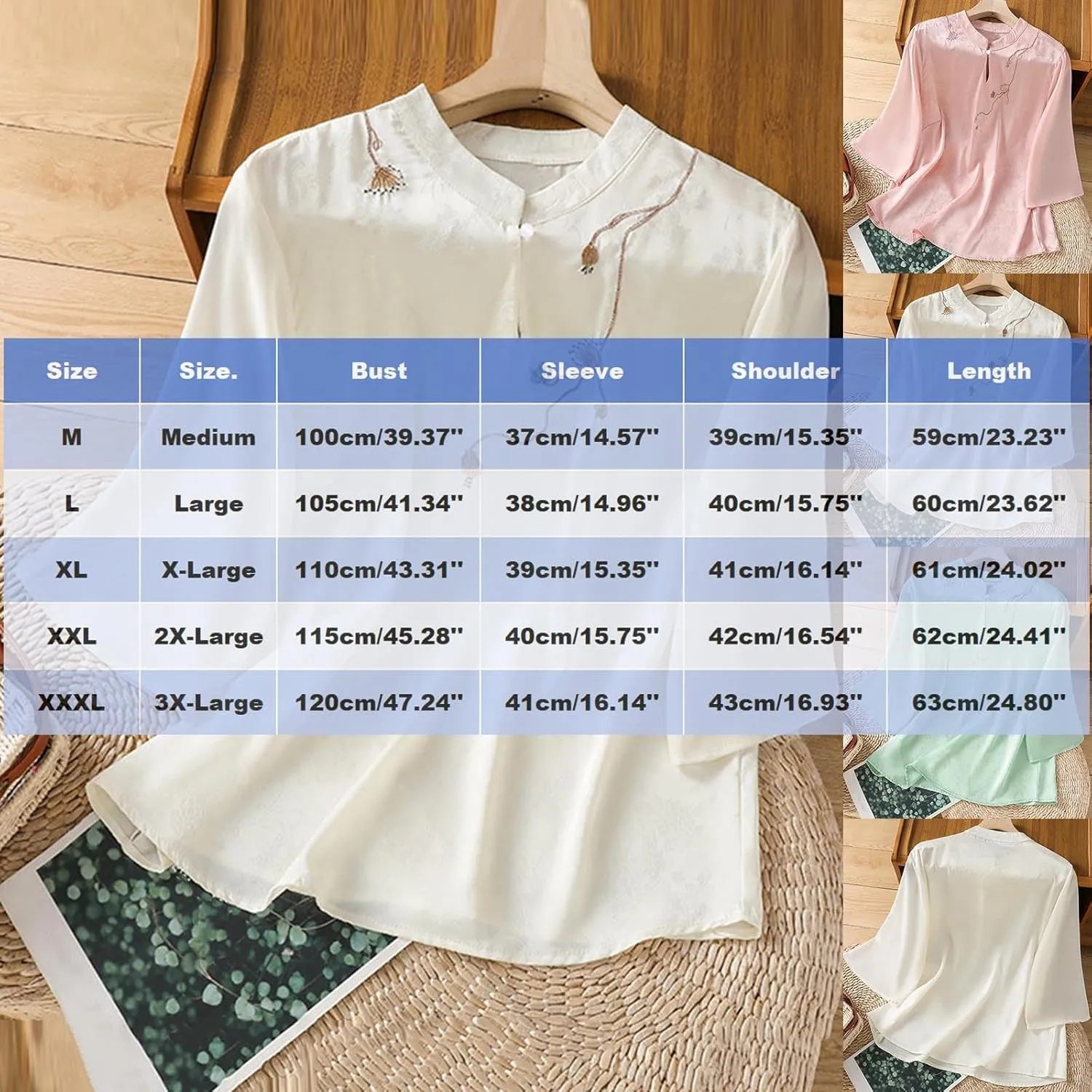 Women 3/4 Sleeve Chinese Blouse Mandarin Collar Suit Shirt Traditional Elegant Floral Embroidery Female Hanfu Tops