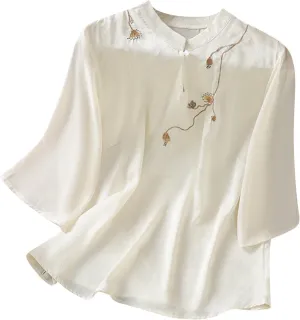 Women 3/4 Sleeve Chinese Blouse Mandarin Collar Suit Shirt Traditional Elegant Floral Embroidery Female Hanfu Tops