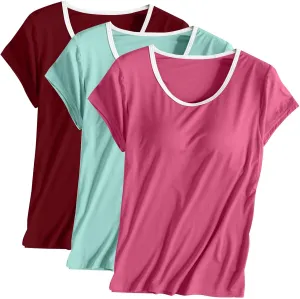 Women 3pcs Shirts with Built in Bra Short Sleeve Crewneck T-Shirts Modal Padded Pajamas Wireless Bra Tops Yoga Shirts