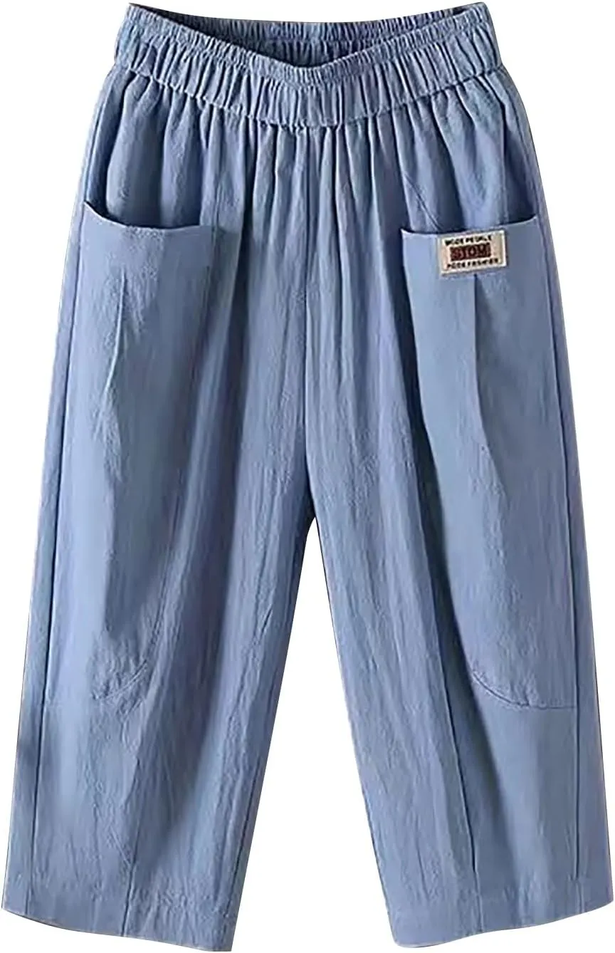Women Capri Pants for Summer 2024 Casual Linen Cotton Plus Size Capris Loose Fitted Cropped Pants with Pocket