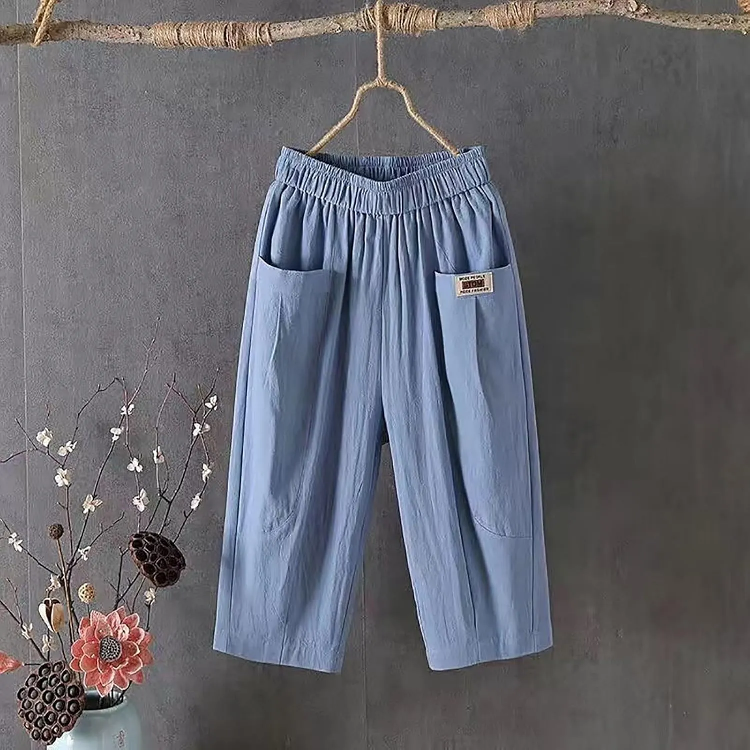 Women Capri Pants for Summer 2024 Casual Linen Cotton Plus Size Capris Loose Fitted Cropped Pants with Pocket