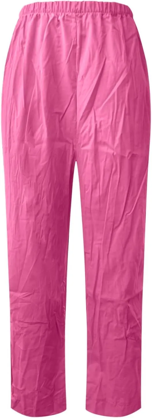 Women Capri Pants for Summer Casual Cotton Linen Plus Size Capris Loose Fitting Soft Cropped Pants with Pockets