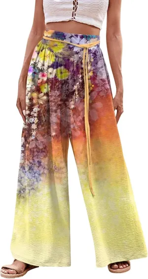 Women Casual High Waist Wide Leg Pants Fall Floral Long Lounge Beach Trousers Drawstring Flowy Baggy Palazzo