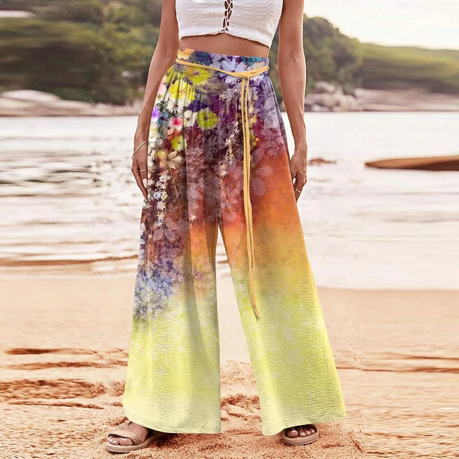 Women Casual High Waist Wide Leg Pants Fall Floral Long Lounge Beach Trousers Drawstring Flowy Baggy Palazzo
