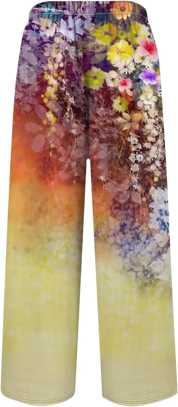 Women Casual High Waist Wide Leg Pants Fall Floral Long Lounge Beach Trousers Drawstring Flowy Baggy Palazzo