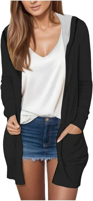 Women Casual Lightweight Open Front Cardigans 2025 Summer Long Sleeve Coat Solid Hooded Long Cardigans with Pockets
