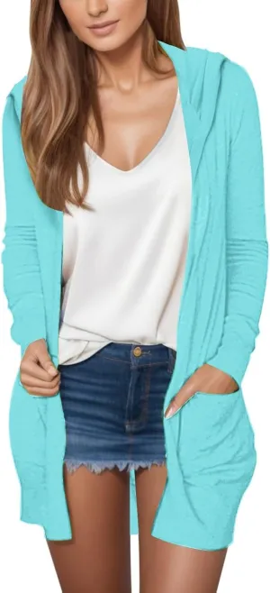 Women Casual Lightweight Open Front Cardigans 2025 Summer Long Sleeve Coat Solid Hooded Long Cardigans with Pockets