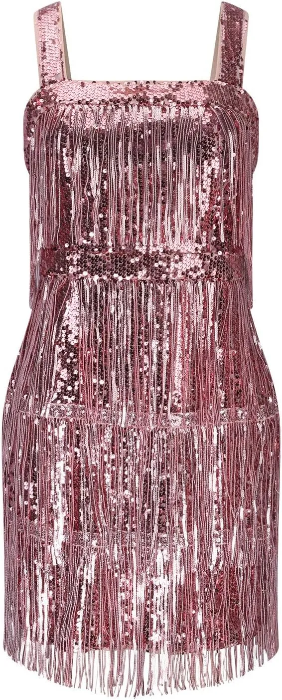 Women Fashion Sequins Fringe Dress Sexy Holiday Party Prom Cocktail Dresses Sparkly Tassel Sleeveless Mini Dress