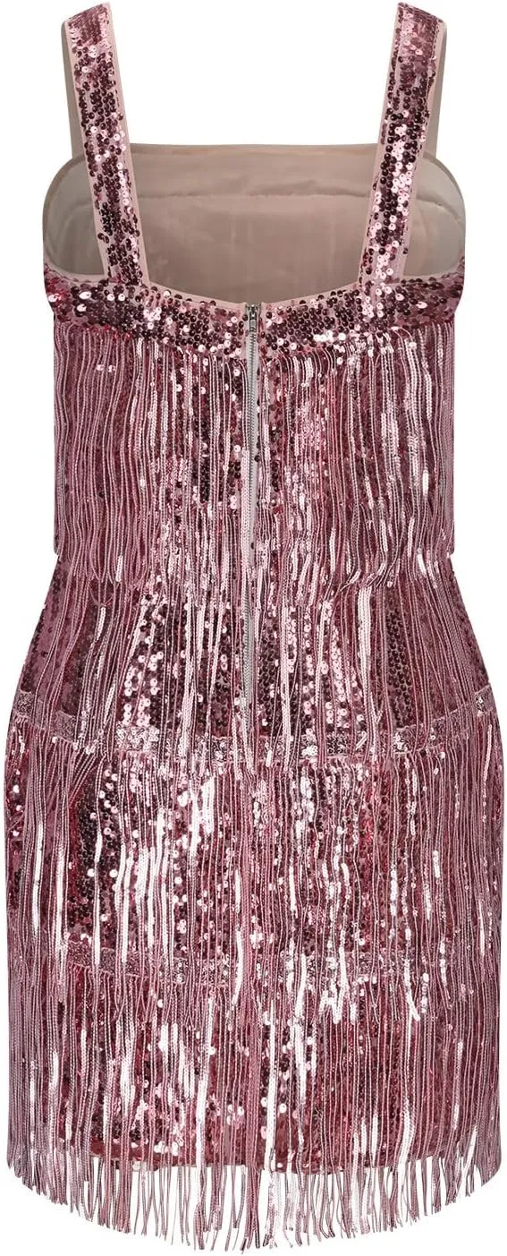 Women Fashion Sequins Fringe Dress Sexy Holiday Party Prom Cocktail Dresses Sparkly Tassel Sleeveless Mini Dress