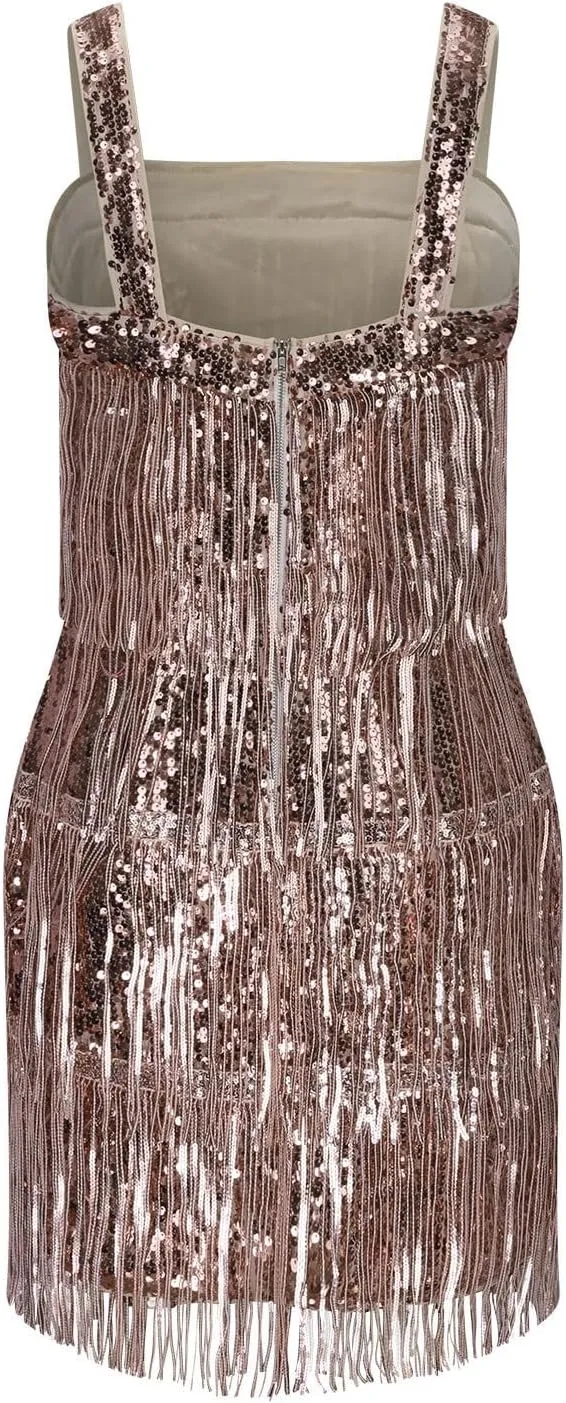 Women Fashion Sequins Fringe Dress Sexy Holiday Party Prom Cocktail Dresses Sparkly Tassel Sleeveless Mini Dress