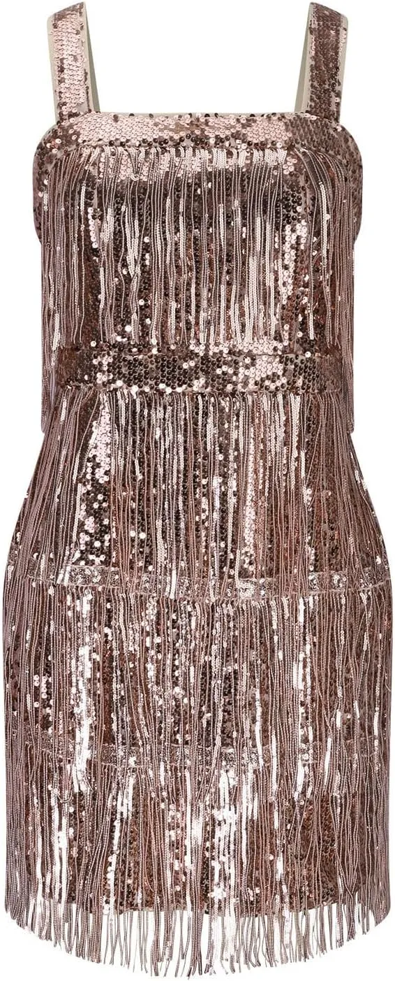 Women Fashion Sequins Fringe Dress Sexy Holiday Party Prom Cocktail Dresses Sparkly Tassel Sleeveless Mini Dress