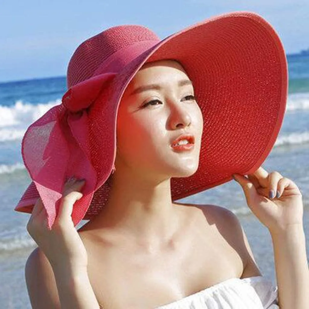 Women Fashion Sun Straw Hat Wide Brim Roll Up Lounce Beach Bowknot Floppy UV Protection Beach Travel Camping Foldable