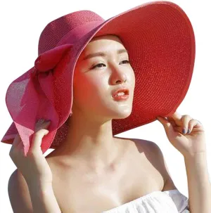 Women Fashion Sun Straw Hat Wide Brim Roll Up Lounce Beach Bowknot Floppy UV Protection Beach Travel Camping Foldable