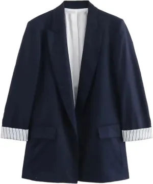 Women Faux Linen Colorful Chic Blazer Roll-Up Long Sleeve Office Business Party Host Suit Outwear