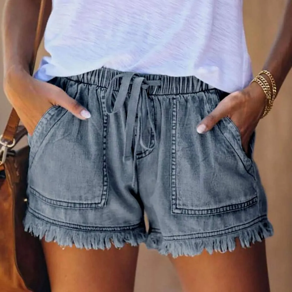 Women Jean Shorts Elastic Waist Drawstring Denim Shorts Summer Casual Raw Hem Distressed Jeans Short with Pockets