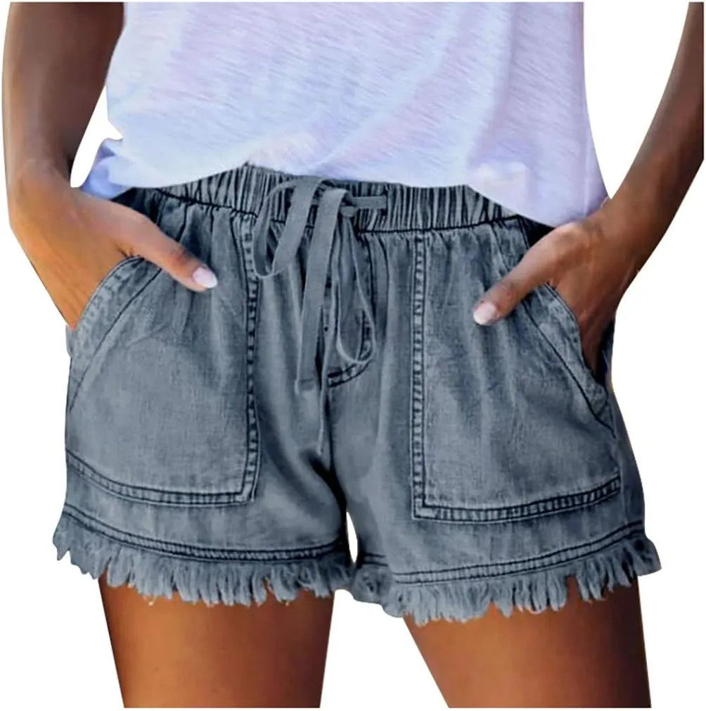 Women Jean Shorts Elastic Waist Drawstring Denim Shorts Summer Casual Raw Hem Distressed Jeans Short with Pockets