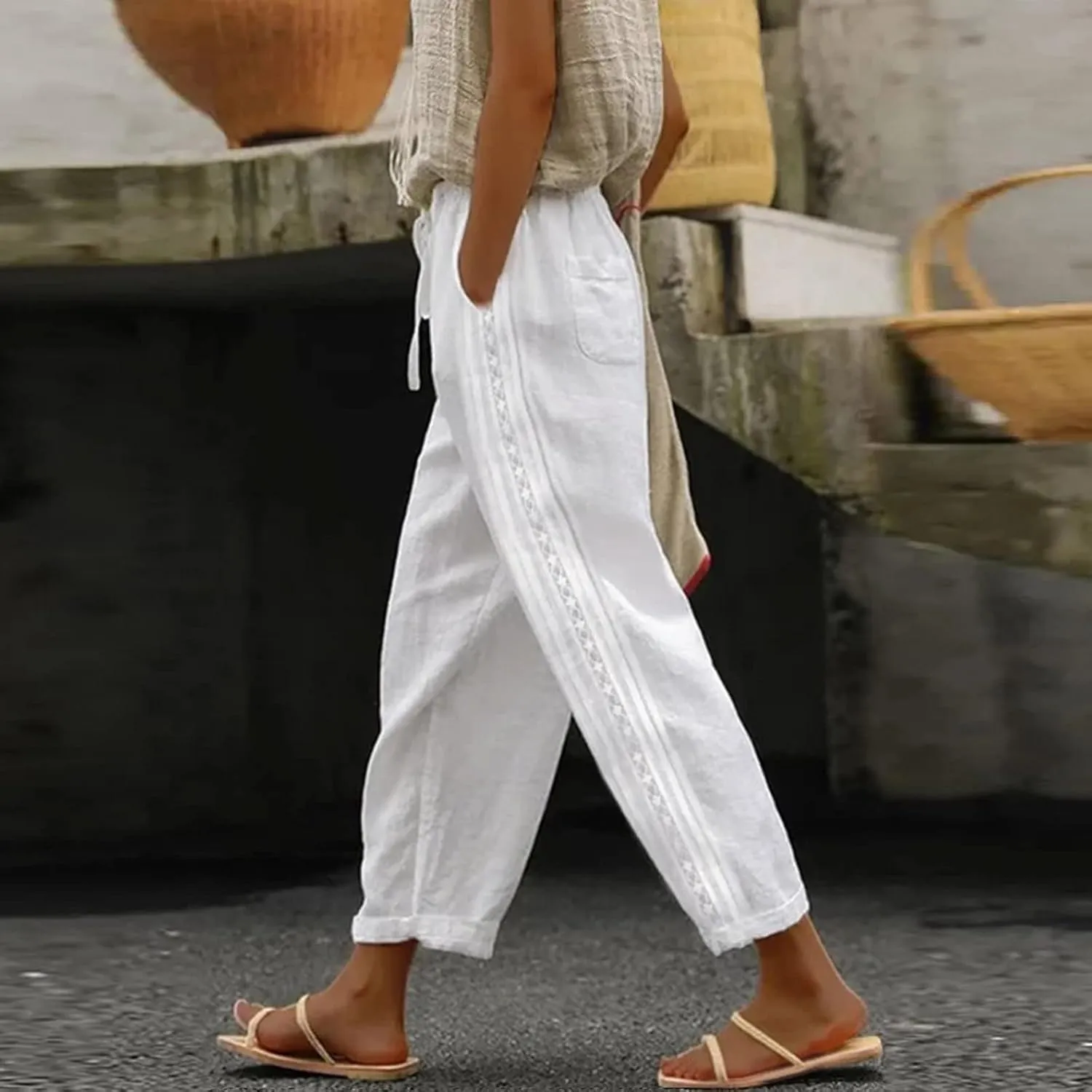 Women Linen Capri Pants Summer Boho with Pockets Wide Leg Cropped Pants for Women Casual Summer Cropped Pants Womens
