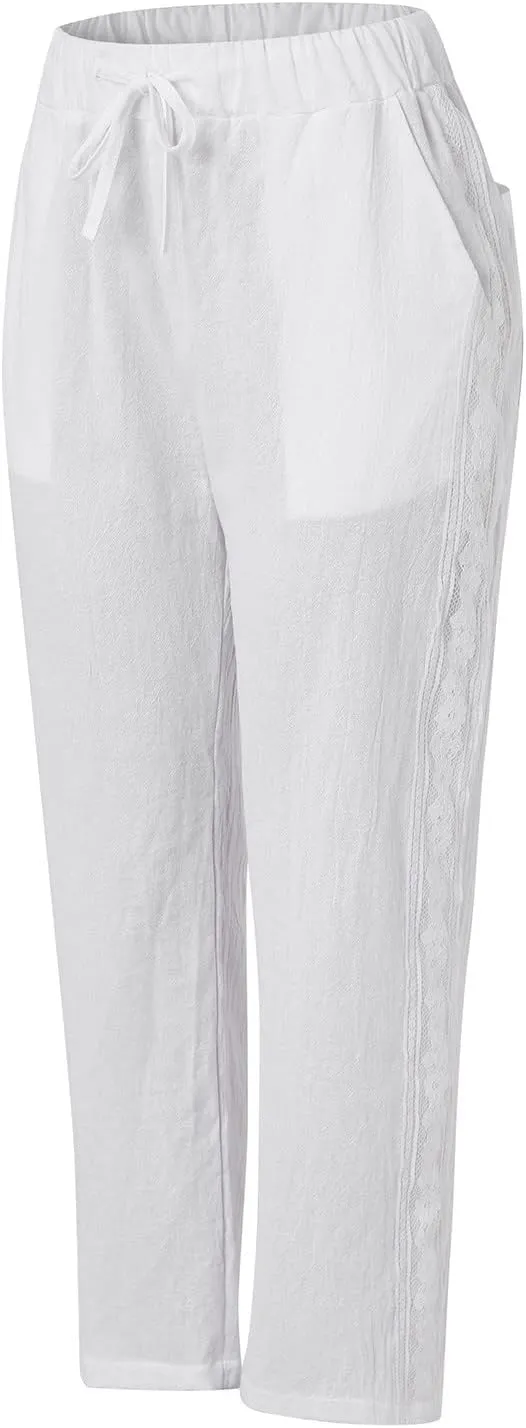 Women Linen Capri Pants Summer Boho with Pockets Wide Leg Cropped Pants for Women Casual Summer Cropped Pants Womens