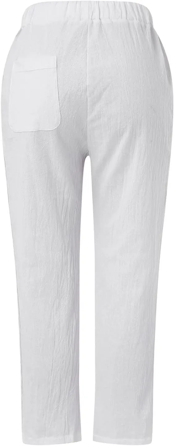 Women Linen Capri Pants Summer Boho with Pockets Wide Leg Cropped Pants for Women Casual Summer Cropped Pants Womens